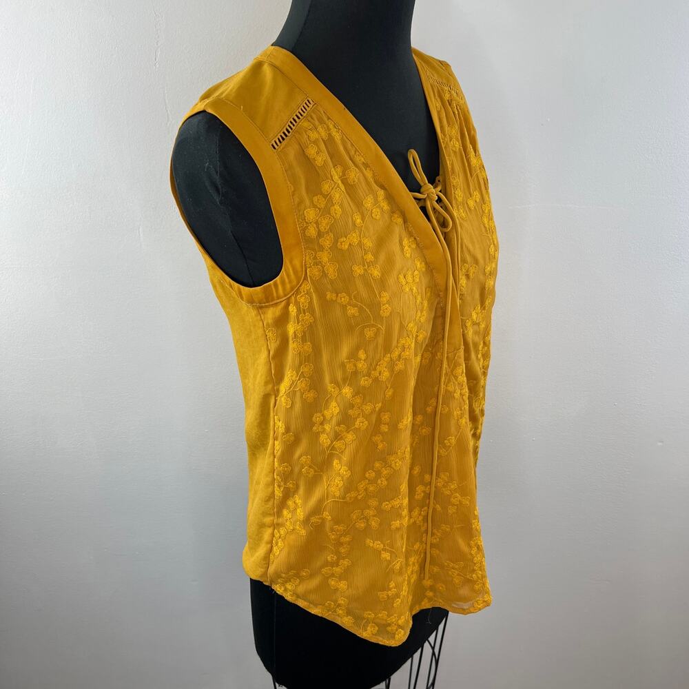 Anthropologie MAEVE Mustard Yellow Floral Embroidered Lace-Up Sleeveless Top 4 - Picture 6 of 12